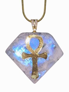 Gold Ankh Diamond Shape Moonstone Pendant 23.5" Gold Filled Snake Chain